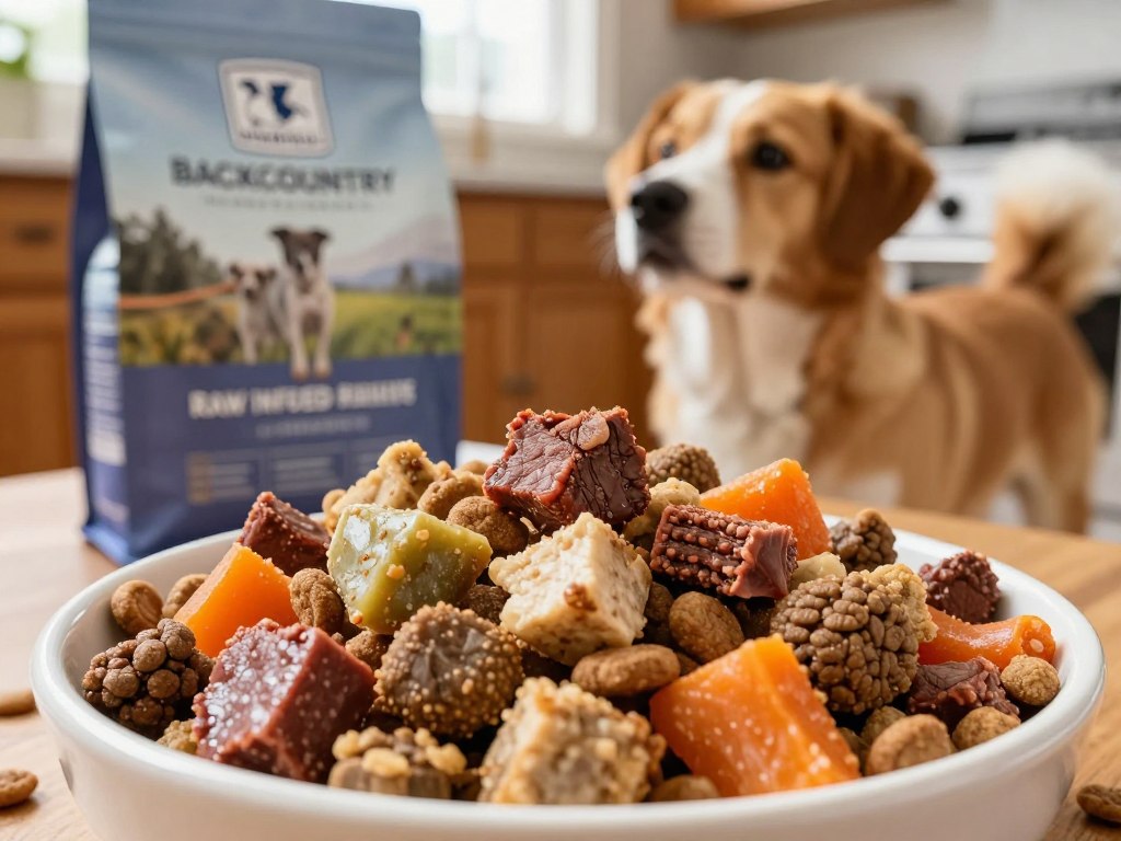 A beautifully arranged bowl of Merrick Backcountry Raw Infused Kibble sits prominently in the foreground, showcasing a variety of kibble shapes and sizes, infused with chunks of freeze-dried raw meat and vibrant vegetables. The kibble glistens under soft, natural lighting that highlights its rich colors and textures. In the middle background, a playful dog eagerly anticipates mealtime, its fur shining in warm tones, conveying excitement and health. The background features a cozy kitchen setting with wooden cabinets and a sunlit window, creating a warm and inviting atmosphere. The scene evokes a sense of quality and affection, emphasizing a premium dog food experience. The angle is slightly above the bowl, capturing both the kibble and the dog's anticipation.
