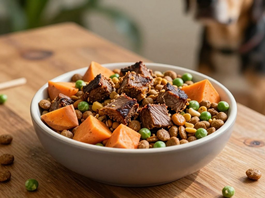 A beautifully arranged bowl of kibble featuring Taste of the Wild Roasted Bison and Venison, with rich, textured kibble pieces resembling roasted meat surrounded by a variety of colorful, wholesome ingredients like sweet potatoes and peas. The bowl rests on a rustic wooden table, with soft natural light illuminating it from the side, creating gentle shadows that enhance the textures of the kibble. In the background, hints of greenery and a blurred dog silhouette can be faintly seen to suggest a pet-friendly environment. The atmosphere is warm and inviting, evoking a sense of quality and nutrition, perfect for showcasing premium dog food. Capture this scene from a slightly elevated angle to highlight the kibble's vivid colors and appealing appearance.