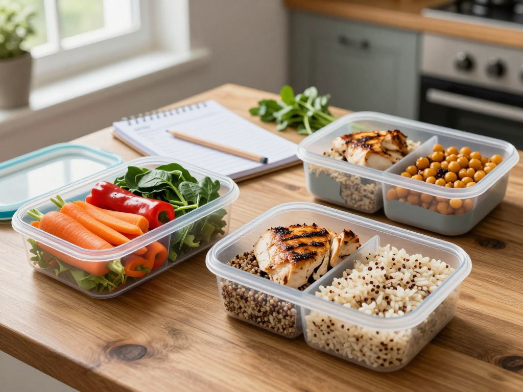 A beautifully arranged healthy meal planning scene on a rustic wooden kitchen table. In the foreground, there are colorful, neatly segmented portions of food showcasing a balanced diet, including vibrant vegetables like carrots, spinach, and bell peppers, alongside grains such as quinoa and brown rice. Two stylish meal prep containers are open, displaying perfectly portioned meals, one with grilled chicken and the other with roasted chickpeas. In the middle background, a well-organized meal planning notepad and a pencil lie beside fresh herbs. Soft, natural light filters in through a nearby window, creating a warm and inviting atmosphere, emphasizing health and mindfulness. The composition captures the essence of balance and organization in meal planning for a nutritious lifestyle.