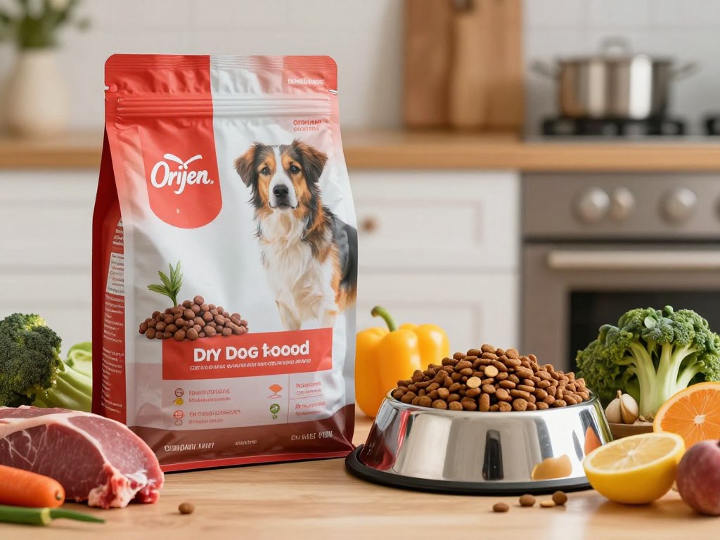 A beautifully arranged scene showcasing a bag of Orijen Original Dry Dog Food placed prominently in the foreground. The bag is vibrant with its signature artwork, emphasizing its premium quality. Surrounding the bag are various ingredients such as fresh meats, vegetables, and fruits, creating a colorful and appetizing spread. In the middle ground, an elegant stainless steel dog bowl reflects the light, filled with the dry kibble, highlighting its texture and size. The background features a warm, inviting kitchen setting with soft, natural lighting to evoke a homely feel. The overall mood is cheerful and wholesome, conveying a sense of care for pet nutrition. A depth of field effect is applied, slightly blurring the background to emphasize the dog food and ingredients in the foreground.