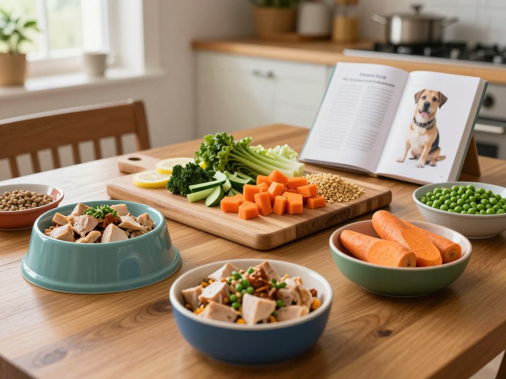 A beautifully arranged table showcasing a variety of homemade dog meals. In the foreground, colorful bowls filled with nutritious ingredients like diced chicken, sweet potatoes, peas, and carrots are artistically presented. In the middle ground, a wooden cutting board displays freshly chopped vegetables and grains, with a dog-friendly recipe book slightly opened beside it. The background features a cozy kitchen setting with soft, natural lighting streaming through a window, highlighting the warmth of the space. The atmosphere feels inviting and cheerful, suggesting love and care in preparing meals for pets. The scene is captured from a slightly elevated angle to give a comprehensive view of the meal prep area, emphasizing the nutritious and wholesome nature of the food.