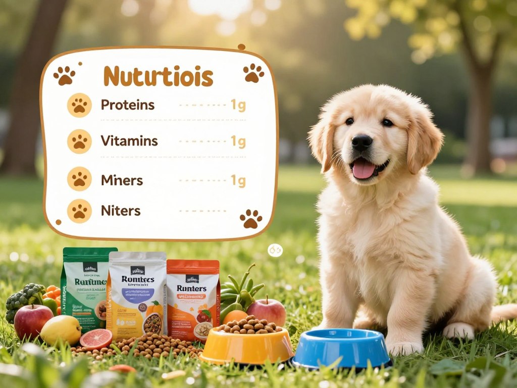 A bright and inviting puppy nutrition guide layout featuring a cheerful golden retriever puppy sitting on a soft, grassy area. The foreground showcases a colorful assortment of nutritious puppy food, including kibble, fruits, and vegetables arranged in a visually appealing manner, accompanied by a vibrant water bowl. In the middle ground, an illustrated chart details essential nutrients such as proteins, vitamins, and minerals, framed with playful paw print motifs. The background features a sunny park scene with gentle sunlight filtering through trees, casting soft shadows. The mood is warm and cheerful, evoking a sense of care and well-being focused on optimal growth for puppies. The image should reflect a clean, organized design with no text or overlays, ideal for an informative article.