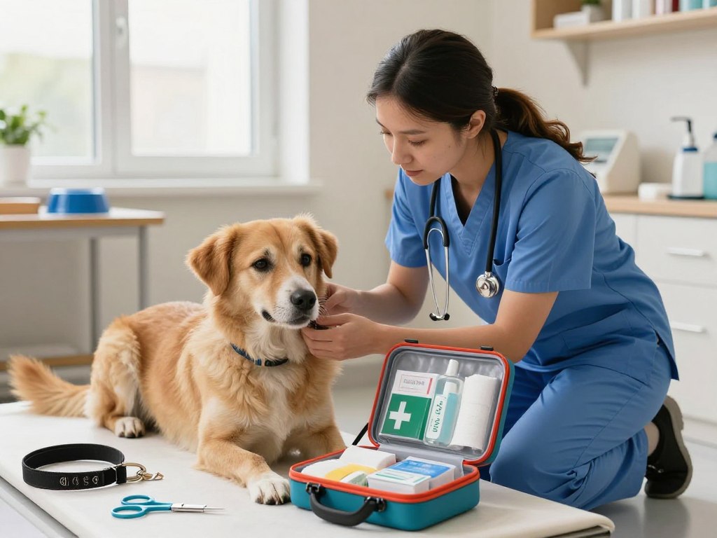 A caring veterinarian is in a well-lit, organized clinic, kneeling next to a medium-sized dog that appears calm and alert. The vet, dressed in professional attire, is demonstrating first aid techniques, focusing on a colorful first aid kit open beside them, containing bandages, antiseptic wipes, and medical scissors. The dog is lying on a soft examination table, with various dog care items like a leash and a water bowl in the background. The atmosphere is warm and reassuring, showcasing an environment of trust and professionalism. Natural light streams through a window, enhancing the soothing colors of the clinic, emphasizing the importance of animal care and first aid knowledge for dog owners.