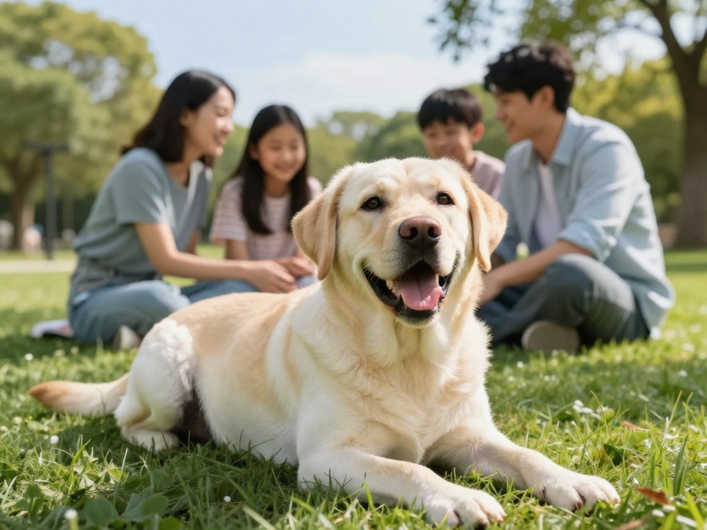 A cheerful Labrador Retriever lying on a grassy field, showcasing its healthy, shiny coat and bright, alert eyes. The dog is positioned in the foreground, exuding a sense of vitality and friendliness. In the middle ground, a family of four, dressed in modest casual clothing, are engaging with the dog, petting it affectionately and smiling, reflecting a warm, nurturing atmosphere. The background features a sunny park with trees and a clear blue sky, creating a serene and joyful environment. The lighting is soft and natural, highlighting the dog's fur and the family's expressions. The overall mood is positive and heartwarming, emphasizing the joy of companionship and the importance of canine health and wellness. A cheerful Labrador Retriever lying on a grassy field, showcasing its healthy, shiny coat and bright, alert eyes. The dog is positioned in the foreground, exuding a sense of vitality and friendliness. In the middle ground, a family of four, dressed in modest casual clothing, are engaging with the dog, petting it affectionately and smiling, reflecting a warm, nurturing atmosphere. The background features a sunny park with trees and a clear blue sky, creating a serene and joyful environment. The lighting is soft and natural, highlighting the dog's fur and the family's expressions. The overall mood is positive and heartwarming, emphasizing the joy of companionship and the importance of canine health and wellness.