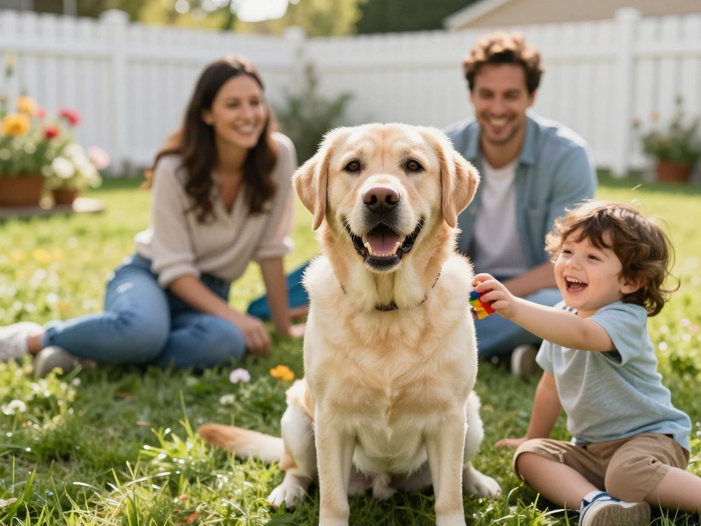 A cheerful Labrador Retriever, with a shiny golden coat and soulful brown eyes, is sitting playfully on a grassy lawn, surrounded by a loving family. In the foreground, the dog is engaged with a child, who is laughing and reaching out for a toy, capturing the friendly and gentle temperament of the breed. In the middle ground, a mother and father are smiling, watching the interaction with admiration, dressed in modest casual clothing like jeans and t-shirts. The background features a sunlit backyard with blooming flowers and a white picket fence, evoking a warm, inviting atmosphere. Soft, natural lighting enhances the scene, creating a heartwarming feel, while the composition is shot from a slightly elevated angle to capture both the family and the vibrant setting. A cheerful Labrador Retriever, with a shiny golden coat and soulful brown eyes, is sitting playfully on a grassy lawn, surrounded by a loving family. In the foreground, the dog is engaged with a child, who is laughing and reaching out for a toy, capturing the friendly and gentle temperament of the breed. In the middle ground, a mother and father are smiling, watching the interaction with admiration, dressed in modest casual clothing like jeans and t-shirts. The background features a sunlit backyard with blooming flowers and a white picket fence, evoking a warm, inviting atmosphere. Soft, natural lighting enhances the scene, creating a heartwarming feel, while the composition is shot from a slightly elevated angle to capture both the family and the vibrant setting.