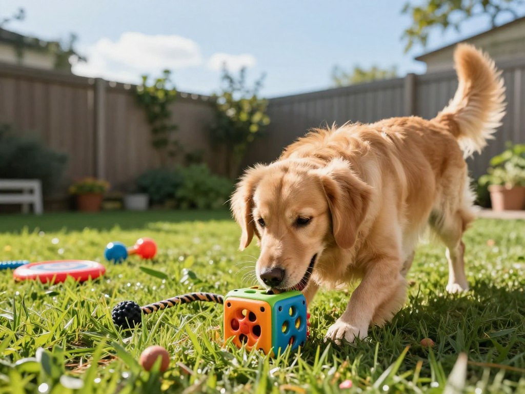 A cheerful dog engaging in a fun mental exercise activity, such as solving a puzzle toy that dispenses treats, is depicted in a sunny backyard. In the foreground, the dog, a golden retriever with a curious expression, intently nudges a colorful puzzle with its nose. The middle ground features vibrant green grass and a few scattered toys, like a frisbee and a tug rope, hinting at playful sessions. In the background, a well-maintained fence with climbing plants and a clear blue sky adds a serene atmosphere. Soft, warm sunlight bathes the scene, creating a joyful and energetic mood. The composition captures the excitement and engagement of the dog, emphasizing the importance of mental stimulation in canine well-being.