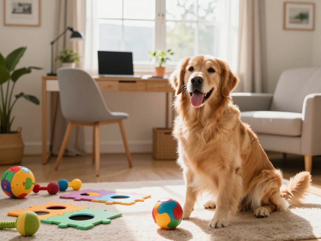 A cheerful dog sits in a cozy home office, surrounded by vibrant toys and interactive puzzles to promote mental health and enrichment. In the foreground, the dog, a golden retriever, looks playful and engaged with a colorful puzzle toy, its tongue out and tail wagging. In the middle, an inviting workspace features a well-organized desk with a laptop, plants, and a soft armchair, suggesting a productive environment. The background showcases a sunlit window, casting warm light into the room, with curtains softly swaying. The atmosphere feels bright and uplifting, reflecting a sense of joy and comfort that supports the notion of managing boredom during work hours. The angle is slightly tilted, giving an inviting perspective into the enjoyment and stimulation provided for the dog.