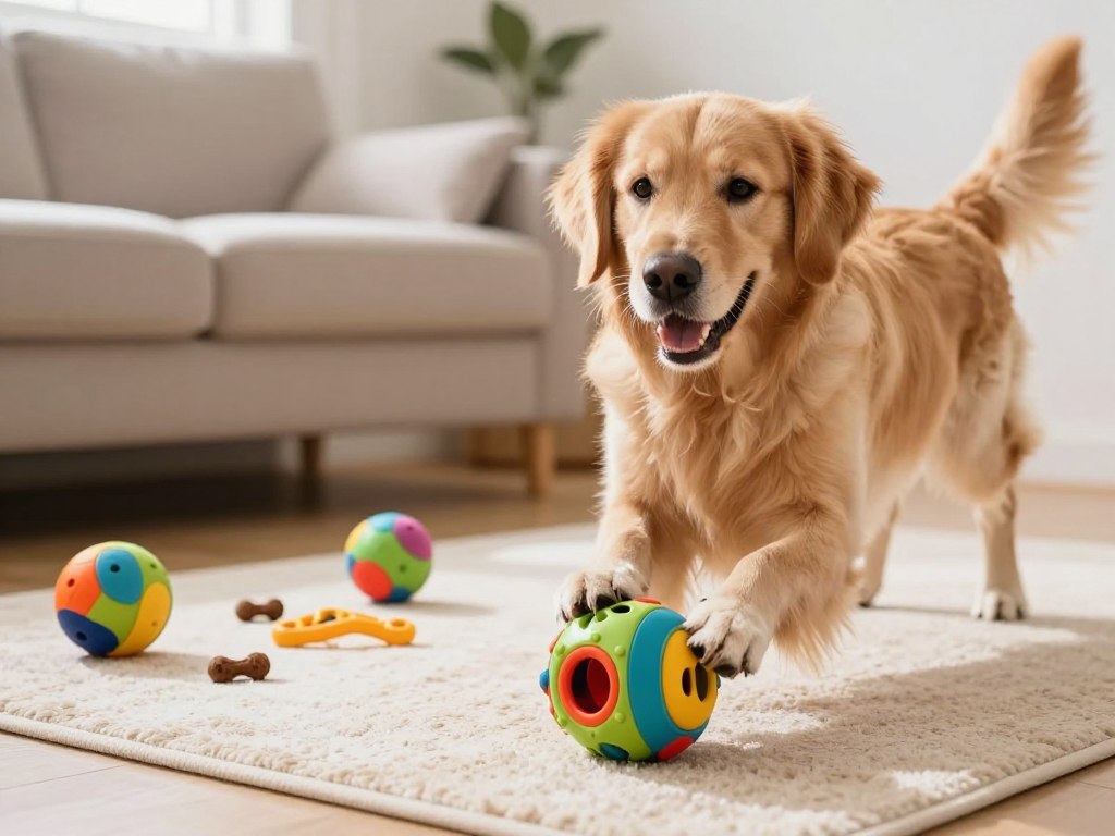 A cheerful, intelligent-looking dog engaging with a variety of mental stimulation toys, such as puzzle feeders and interactive games, in a cozy living room setting. In the foreground, the dog, a playful golden retriever, eagerly paws at a colorful puzzle toy, displaying curiosity and focus. In the middle ground, a few scattered toys including a treat-dispensing ball and a snuffle mat are visible, enhancing the sense of activity. The background features a soft couch and natural light streaming through a window, creating a warm and inviting atmosphere. The overall mood is vibrant and energetic, capturing the joy of mental engagement for dogs, highlighting their need for stimulation and enrichment.