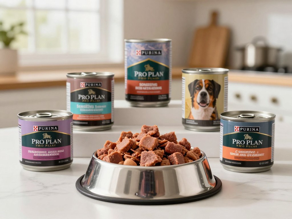 A clean, attractive pet food display showcasing various wet dog food options in an organized, appealing layout. In the foreground, feature a shiny, silver bowl filled with Purina Pro Plan Sensitive Skin and Stomach wet food, its texture visibly rich and meaty. The middle ground presents several cans of different wet food brands, with labels facing forward, emphasizing their quality and variety. The background is softly blurred, depicting a warm, inviting kitchen setting with bright, natural lighting filtering through a window, creating a cozy atmosphere. The composition should evoke a sense of care and premium quality, making it ideal for pet owners considering the best options for their dogs.