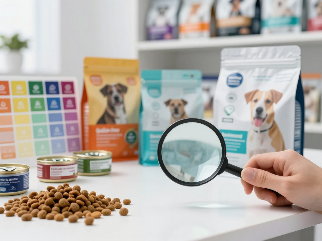 A close-up view of a professional-grade analysis setup for premium pet food, featuring a variety of kibble and wet food products artistically arranged on a glossy white table. In the foreground, a high-quality magnifying glass examines a detailed dog food label showcasing nutritional ingredients and marketing claims. The middle ground includes a color palette of vibrant pet food packaging with visible health-related symbols and certifications, such as 'grain-free' and 'natural ingredients.' In the background, a softly blurred shelf filled with pet food brands enhances the setting, evoking a sense of market research. The lighting is bright and inviting, mimicking a clean, modern veterinary office. The mood is analytical and informative, designed to engage pet owners and consumers.