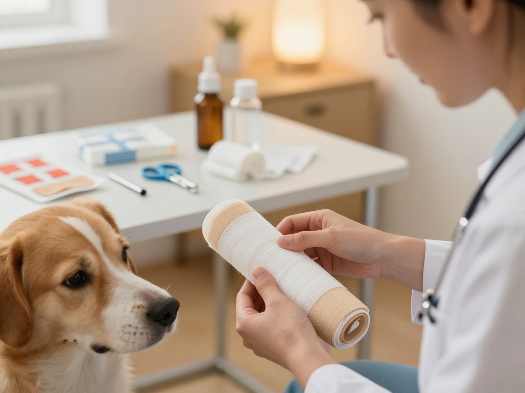 A close-up view of a veterinarian or a dog owner in a cozy, well-lit room, gently wrapping a small dog's leg with a supportive bandage, demonstrating effective first aid techniques for managing fractures and sprains. In the foreground, focus on the dog's calm expression and the owner's careful hands, ensuring a sense of compassion and care. The middle ground includes a table with common first aid supplies like splints, gauze, and scissors neatly arranged. The background features warm, soft lighting, enhancing the comforting atmosphere, with a subtle indication of a veterinary clinic. The scene is shot from a slight angle to emphasize engagement, creating a mood of reassurance and professionalism.