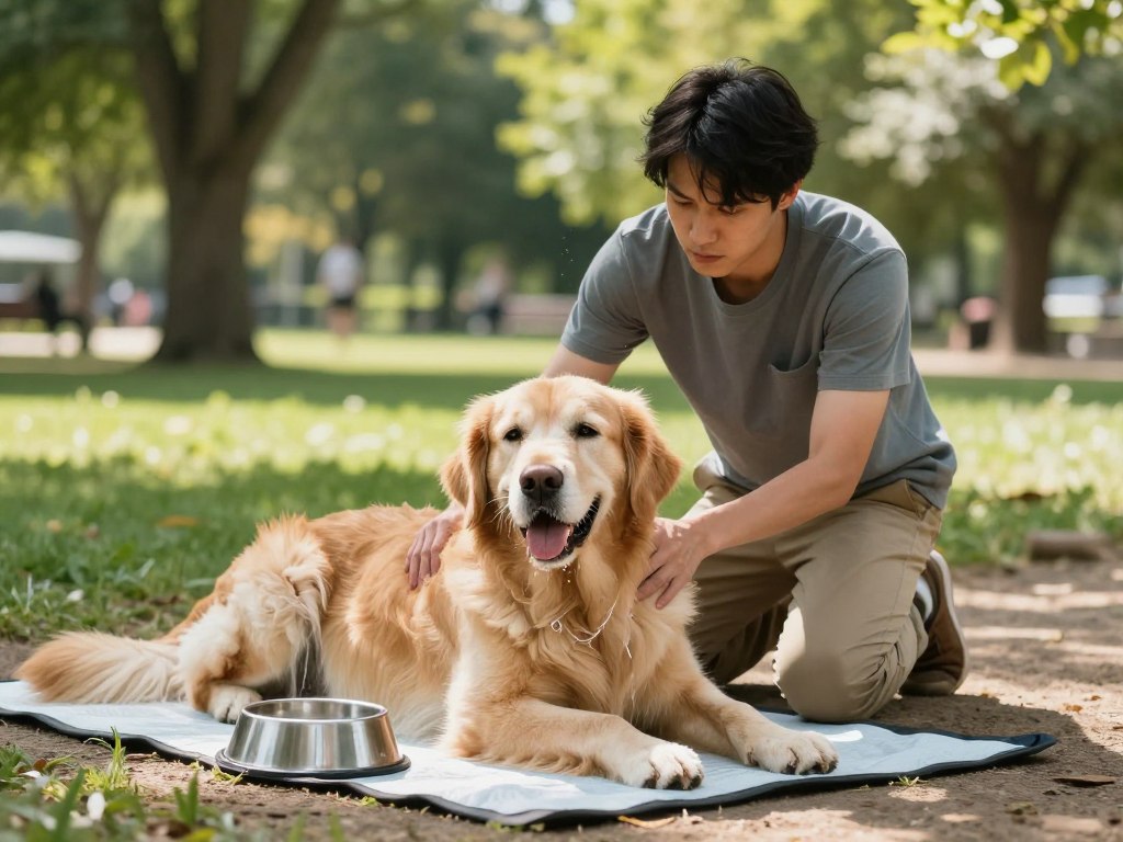 A concerned dog owner, wearing modest casual clothing, gently attends to a large dog exhibiting signs of heatstroke in a sunny park setting. The dog, a Golden Retriever, lies on a shaded area, panting with drool and slightly glazed eyes, surrounded by a water bowl and a cooling mat. The owner kneels beside the dog, casting a protective shadow, with one hand on the dog's chest, showing care and urgency. The background features green trees and soft grass, emphasizing a warm summer day. The lighting is bright yet softened by the shade, creating a calm atmosphere. Capture the scene using a wide-angle lens to include both the dog and the owner's expressions while maintaining a focus on the heatstress under the pet's fur.