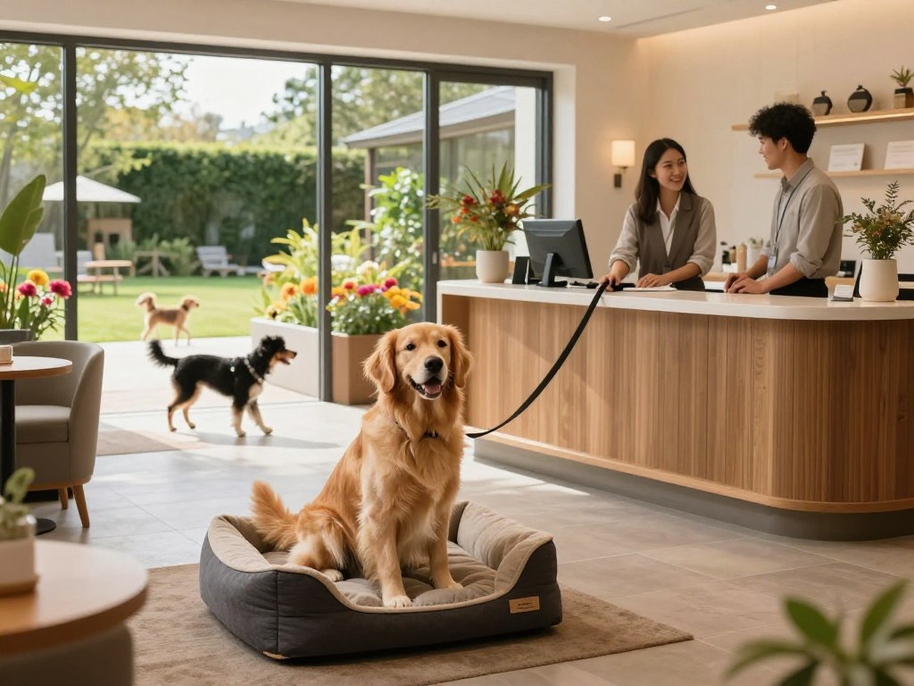 A cozy and inviting pet-friendly hotel lobby designed for travelers with dogs. In the foreground, a cheerful golden retriever sits beside a plush, stylish dog bed, wagging its tail. The middle ground features a welcoming reception desk with a friendly staff member, dressed in smart casual attire, interacting with guests holding leashes. Behind them, large windows reveal a sunlit garden where dogs play freely, surrounded by vibrant flowers. The overall atmosphere is warm and relaxed, with soft lighting enhancing the cozy environment and a gentle color palette of earthy tones. Use a slightly wide-angle lens to capture the spaciousness of the lobby, creating an inviting and friendly vibe that highlights the unique experience of staying in pet-friendly accommodations around the world.