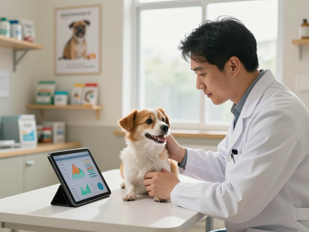 A cozy and inviting veterinary clinic interior, focused on a veterinarian in a lab coat closely examining a small dog on an examination table, both appearing calm and engaged. In the foreground, the vet is using a tablet to monitor the pet's health data, with colorful graphs and charts visible on the screen. The middle background features shelves with pet care products and posters about pet nutrition and wellness. Soft, natural light streams in through a large window, illuminating the welcoming space, creating a warm and reassuring atmosphere. The veterinarian is of medium build, showing professionalism and care, while the dog looks happy and relaxed, symbolizing a positive experience in monitoring pet health and progress.