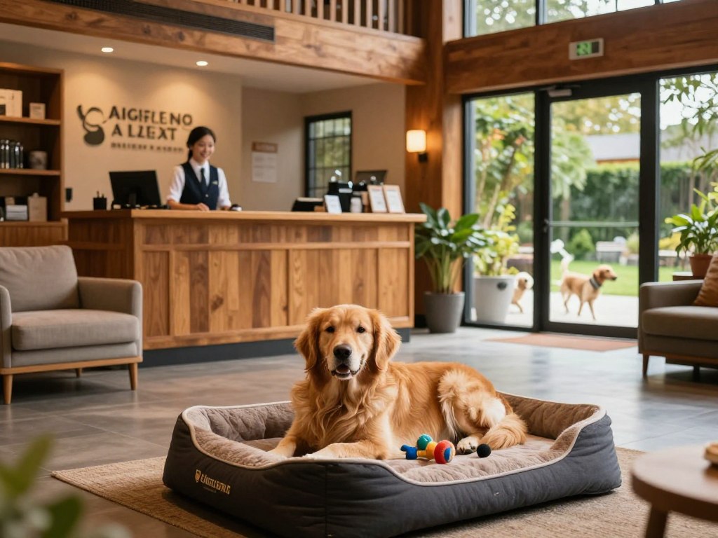 A cozy, dog-friendly hotel lobby, featuring warm wooden accents and inviting furnishings. In the foreground, a well-groomed golden retriever lies comfortably on a soft dog bed, surrounded by toys, embodying a sense of relaxation. The middle ground showcases a friendly reception area, staffed by a smiling attendant in professional attire, ready to provide pet amenities. Large windows in the background let in natural light, revealing a lush outdoor garden where other dogs happily play. The warm and welcoming atmosphere conveys a sense of comfort and tranquility, emphasizing the importance of maintaining routines for pets while traveling. Soft shadows and gentle lighting enhance the inviting mood of this pet-friendly space.