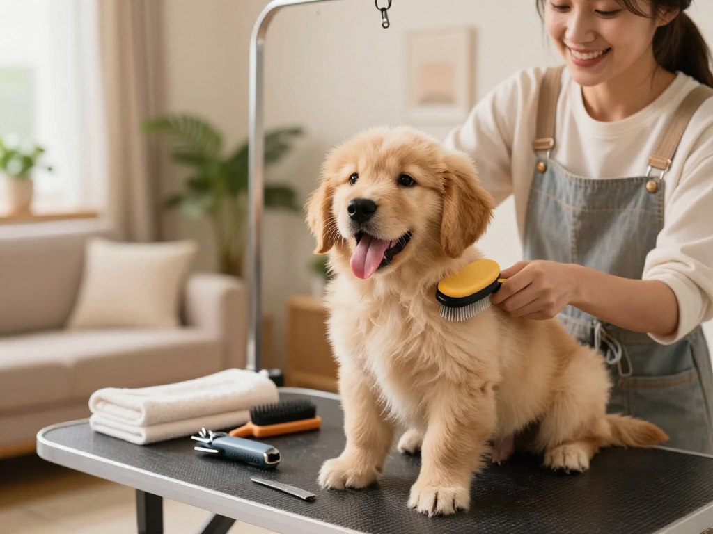 A cozy indoor setting showcasing a devoted puppy owner grooming a fluffy Golden Retriever puppy. In the foreground, the owner, a smiling woman in casual clothing, gently brushes the puppy's fur with a soft brush, emphasizing care and affection. The puppy is playfully posed, with its tongue out, radiating joy. In the middle ground, a grooming table is adorned with pet grooming tools, like clippers, brushes, and a towel, arranged neatly to reflect organization. The background features a warm, inviting living room with plants and soft lighting, creating a nurturing atmosphere. The image captures a sense of love, bonding, and the importance of grooming for long-term puppy health, evoking feelings of happiness and wellbeing.