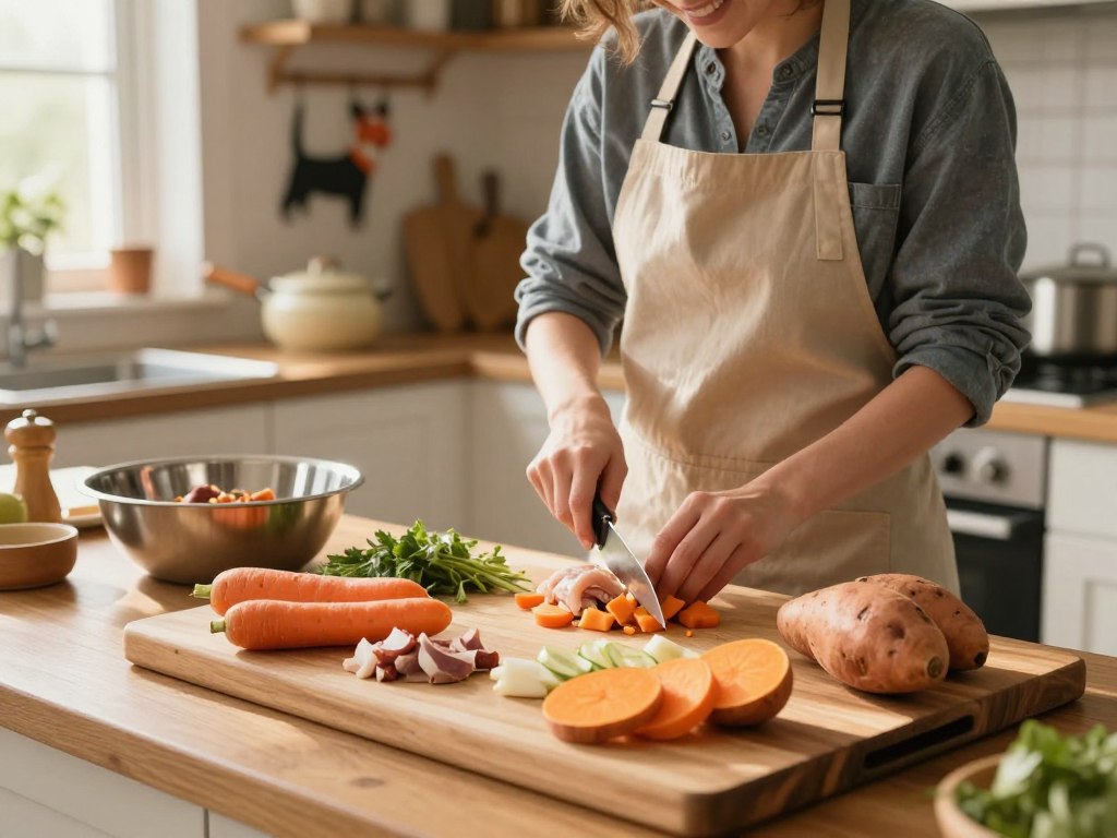 A cozy kitchen scene highlighting the safe preparation of homemade dog meals. In the foreground, a large wooden cutting board is filled with fresh, dog-friendly ingredients like carrots, sweet potatoes, and chicken. A stainless steel bowl sits nearby, ready for mixing. In the middle, a person in a casual apron carefully chops vegetables, their expression focused and joyful, embodying the joy of cooking for a pet. The background features a warm, well-lit kitchen with pots hanging and dog-themed decorations, creating a welcoming atmosphere. Soft natural light filters in through a window, casting gentle shadows to enhance the scene's warmth and safety. The image conveys a sense of care and happiness in preparing safe meals for dogs.