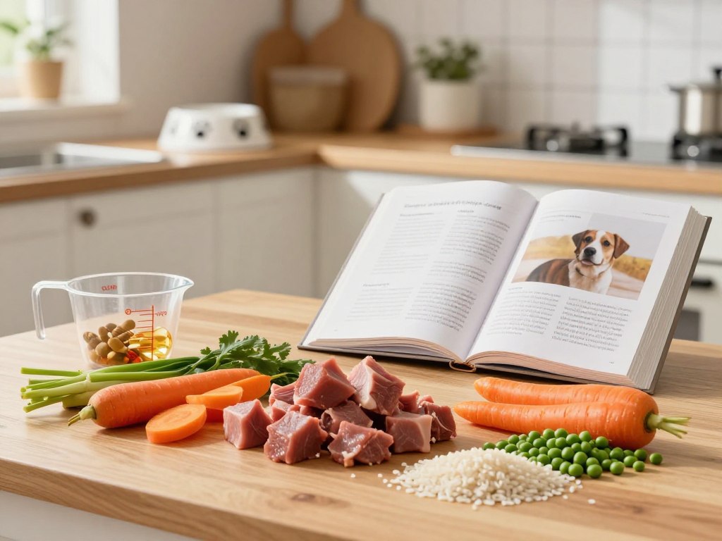 A cozy kitchen setting filled with natural light enhances the warmth of the scene. In the foreground, a wooden table displays a vibrant assortment of fresh ingredients for DIY dog food, including chunks of lean meat, colorful vegetables like carrots and peas, and a scattering of rice. Beside the ingredients, there’s a measuring cup filled with nutritional supplements like omega oils and vitamins, symbolizing optimal health. In the middle ground, a well-used cookbook opens to a recipe page, inviting pet owners to explore. The background features a soft focus on pet-friendly kitchen décor, like a bowl with paw prints. The atmosphere is inviting and joyful, perfect for showcasing the love and care that goes into making homemade meals for dogs. Use soft lighting for a warm, homey feel.