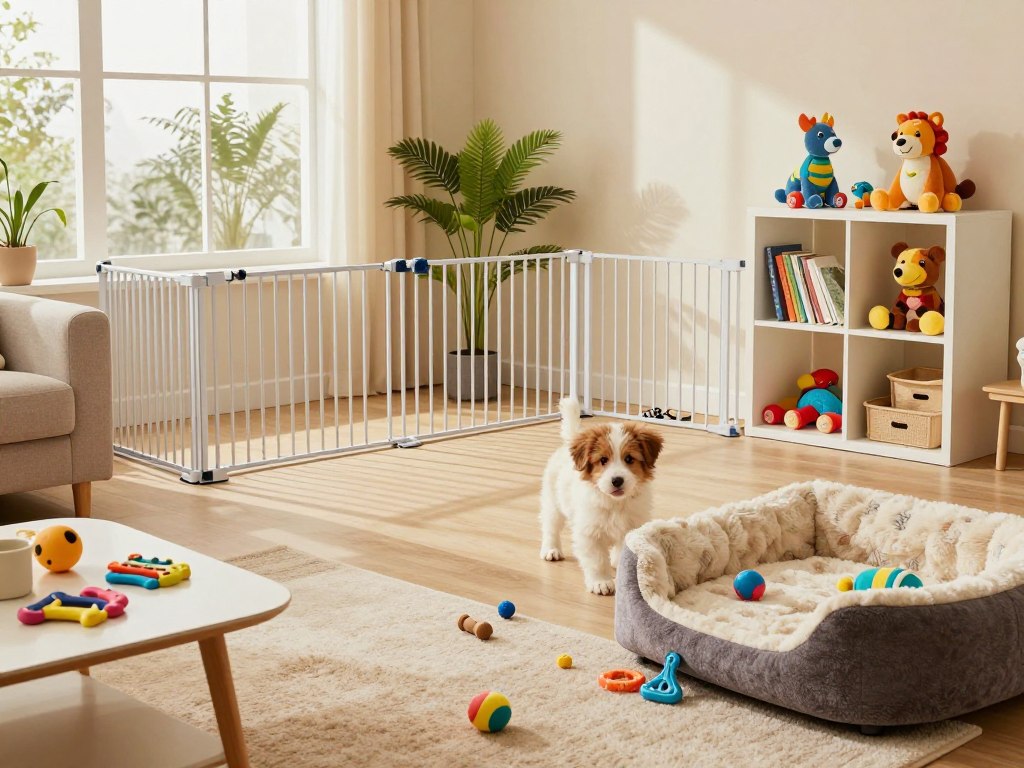 A cozy living room scene designed for puppy-proofing, featuring a playful puppy exploring its environment. In the foreground, a soft, plush puppy bed with toys scattered around, and a low coffee table adorned with pet-friendly chew items. In the middle, a well-arranged setup with protective gates around indoor plants and electrical wires safely tucked away. A few pet-proofed bookshelves display colorful, non-toxic pet toys. In the background, large windows allow warm, natural light to fill the room, enhancing a cheerful and inviting atmosphere. The overall mood is playful yet safe, conveying the concept of a loving home environment tailored for a happy puppy.