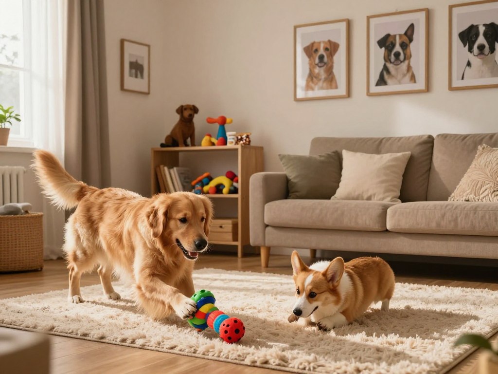 A cozy living room scene featuring two playful dogs engaging in fun indoor activities. In the foreground, a golden retriever is happily playing with a colorful squeaky toy, while a small corgi rolls on a fluffy rug. In the middle ground, a wall-mounted shelf displays dog-friendly toys and treats. Soft lighting from a nearby window creates a warm, inviting atmosphere, casting gentle shadows. The background includes a tastefully decorated wall with framed dog portraits and a comfy couch adorned with pet-friendly cushions. The overall mood is joyful and energetic, encapsulating the essence of creative indoor play for dogs, perfect for a rainy day.