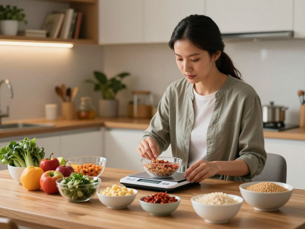A cozy, modern kitchen scene focused on a wooden dining table with a digital scale displaying various food quantities. In the foreground, there are meticulously arranged bowls of ingredients, such as fruits, vegetables, and grains, showcasing the concept of "feeding by weight." In the middle, a professional nutritionist, dressed in smart casual attire, is carefully measuring food using the scale, with a thoughtful expression. In the background, soft, warm lighting illuminates shelves filled with cookbooks and herb plants, enhancing the inviting atmosphere. The image should capture a sense of calm and focus, with a shallow depth of field to emphasize the measuring process, conveying the intricacies of calculating daily caloric intake based on weight.