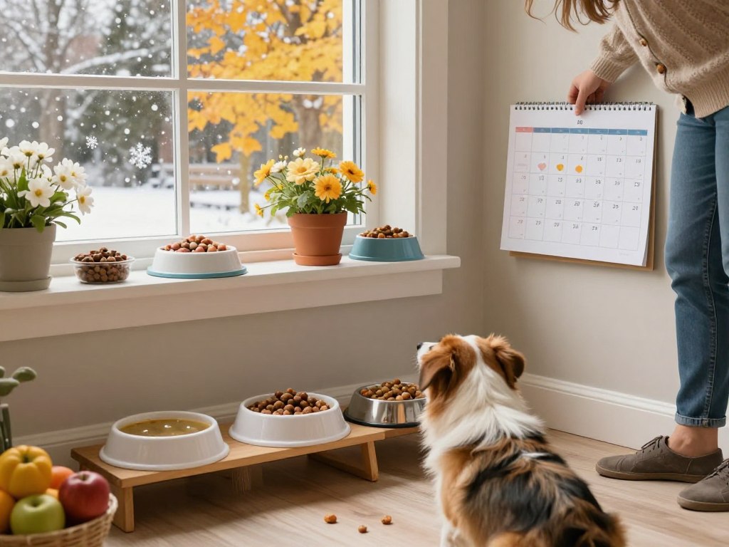 A cozy pet feeding corner, showcasing seasonal adjustments to feeding routines. In the foreground, a playful dog eagerly awaiting its meal, surrounded by various bowls displaying different types of food suitable for each season—warm broth in winter, fresh fruits in summer. The middle section features an owner in casual attire, thoughtfully adjusting a calendar on the wall, highlighting meal schedules that change with the seasons. In the background, a window reveals the changing landscapes: snowflakes falling outside in winter, blooming flowers in spring, and golden leaves in autumn. Soft, natural lighting filters through the window, creating a warm and inviting atmosphere, emphasizing care and consideration in pet feeding practices. The scene captures a harmonious blend of pet care and seasonal living.