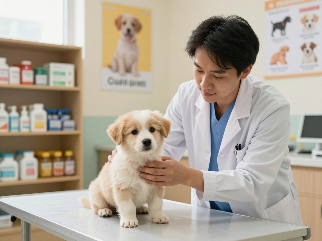 A cozy veterinary clinic environment focused on puppies, featuring a gentle veterinarian in a white coat and modest scrubs, kneeling beside a small, fluffy puppy on an examination table. The puppy, with big, expressive eyes and a playful demeanor, is being examined for health. In the background, shelves filled with pet care supplies and posters about puppy health tips create a warm atmosphere. Soft, natural light filters through a window, highlighting the caring interaction. The scene conveys a mood of safety, reassurance, and professionalism, emphasizing the importance of emergency care. The composition should have a close-focus on the vet and puppy in the foreground, with an inviting clinic setting in the middle and soft blurred elements in the background.