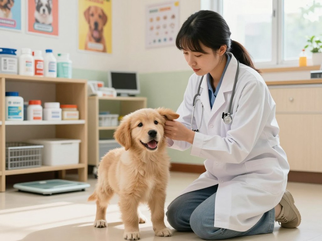 A cozy veterinary clinic setting with warm, soft lighting. In the foreground, a young veterinarian in a crisp white lab coat is gently examining a playful puppy, focused on its ears and eyes while kneeling on the floor. The puppy, a curious golden retriever, appears cheerful yet slightly anxious, providing a relatable depiction of a health checkup. In the middle ground, shelves are filled with pet care supplies, while a pet scale and colorful posters about dog health are visible. In the background, a window allows natural light to filter in, enhancing the welcoming atmosphere of the space. This scene captures the essence of caring for a young dog, emphasizing the importance of recognizing signs of illness in puppies.