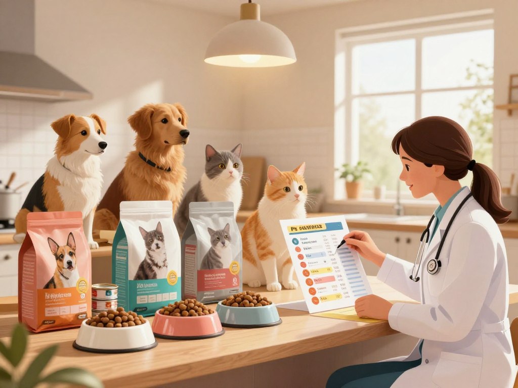 A detailed illustration of pet feeding guides, featuring an assortment of dogs and cats of various breeds and sizes, arranged in a cozy kitchen setting. In the foreground, a friendly veterinarian, dressed in professional attire, is showing a colorful chart depicting feeding guidelines based on age, weight, and activity level. In the middle ground, pet food bowls are neatly aligned, alongside bags of kibble and cans of wet food, showcasing various brands. The background features soft, warm lighting from overhead pendant lamps, enhancing a welcoming atmosphere. A large window allows natural light to stream in, illuminating the scene and creating a calm, informative mood. The composition should be clear and educational, emphasizing proper pet care and feeding practices without any text or distractions.