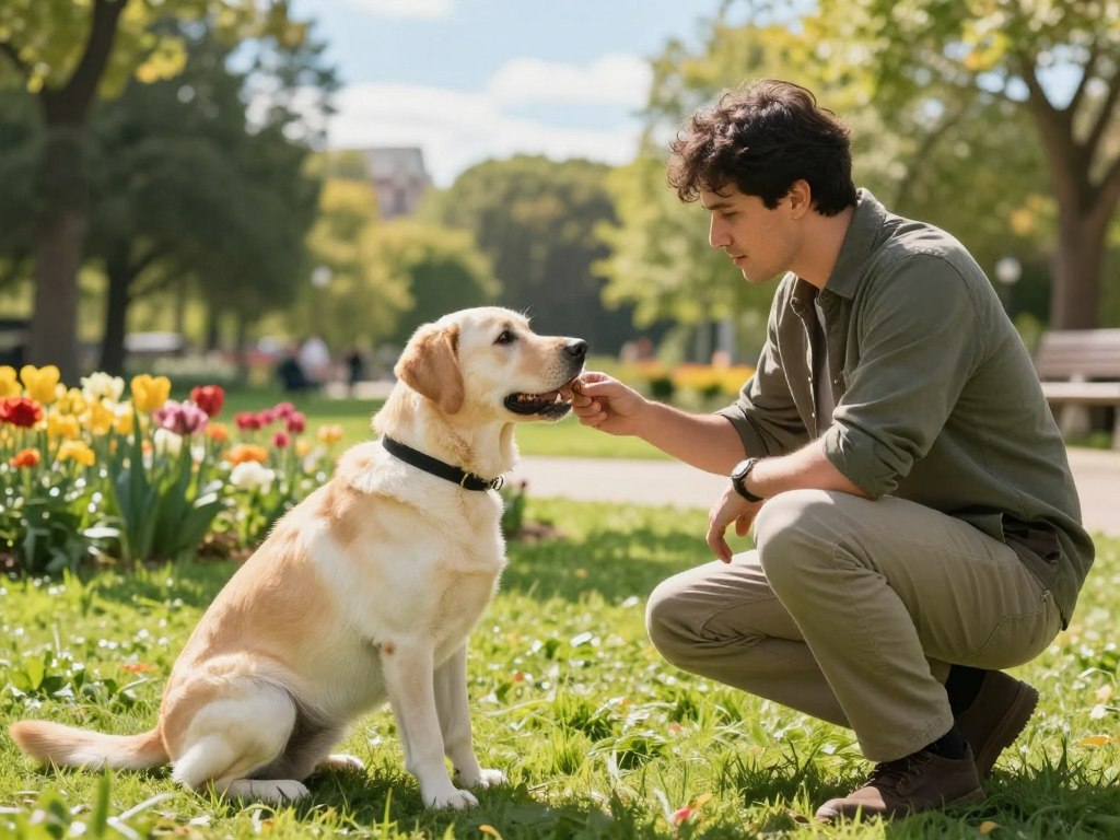 A focused scene depicting a dog trainer demonstrating the "stay" command to a well-behaved medium-sized Labrador Retriever in a serene outdoor park setting. In the foreground, the trainer, dressed in modest casual attire, squats down, rewarding the dog with a treat while maintaining eye contact. The dog sits patiently, showcasing its attentive posture. In the middle ground, lush green grass and colorful flowers create a vibrant environment. The background reveals tall trees and a bright blue sky, illuminating the scene with warm, natural sunlight. The angle should capture both the trainer and the dog in a close-up view, evoking a sense of communication and trust. The overall mood is calm, encouraging, and focused on the learning process. A focused scene depicting a dog trainer demonstrating the "stay" command to a well-behaved medium-sized Labrador Retriever in a serene outdoor park setting. In the foreground, the trainer, dressed in modest casual attire, squats down, rewarding the dog with a treat while maintaining eye contact. The dog sits patiently, showcasing its attentive posture. In the middle ground, lush green grass and colorful flowers create a vibrant environment. The background reveals tall trees and a bright blue sky, illuminating the scene with warm, natural sunlight. The angle should capture both the trainer and the dog in a close-up view, evoking a sense of communication and trust. The overall mood is calm, encouraging, and focused on the learning process.