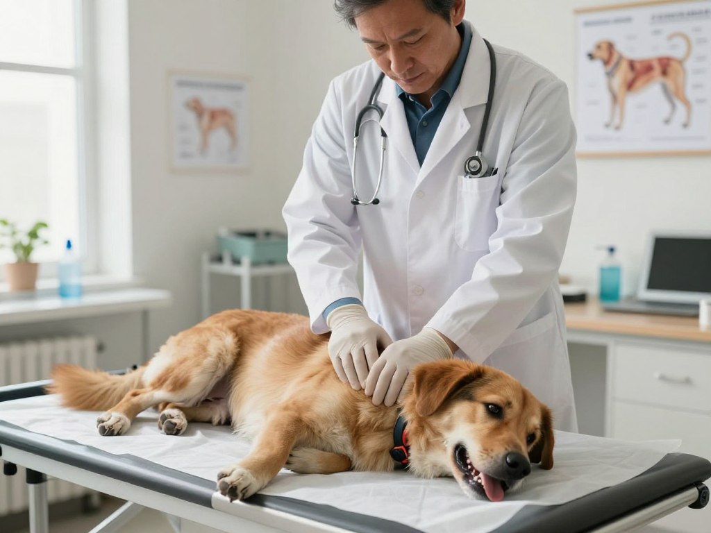 A focused scene depicting a veterinarian in a professional setting, demonstrating CPR techniques on a medium-sized dog lying on a padded examination table. The foreground shows the vet, a middle-aged individual wearing a lab coat and gloves, with a calm, focused expression as they perform chest compressions. The middle ground features the dog, carefully positioned, with its tongue out and a slightly relaxed demeanor. In the background, soft, natural lighting illuminates a veterinary office filled with medical tools, charts of canine anatomy, and a calming atmosphere. The shot is taken at an eye-level angle, emphasizing the importance of the procedure while conveying a sense of urgency and care in an educational context.