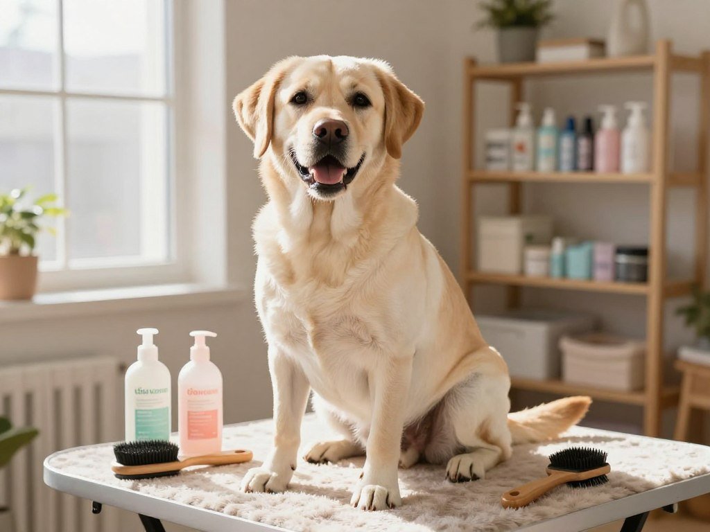 A friendly Labrador Retriever sits on a soft, plush grooming table, surrounded by grooming tools like brushes and pet shampoo bottles. The dog has a shiny, well-groomed coat reflecting warm, natural light from a nearby window, highlighting its joyful expression and wagging tail. In the background, shelves with neatly organized pet supplies and a cozy room ambiance create a homely atmosphere, suggesting a family-friendly environment. The focus is sharp on the dog in the foreground, with a slight blur in the middle ground to emphasize the grooming process. The overall mood is bright, inviting, and reassuring, embodying the theme of caring for a beloved family pet. A friendly Labrador Retriever sits on a soft, plush grooming table, surrounded by grooming tools like brushes and pet shampoo bottles. The dog has a shiny, well-groomed coat reflecting warm, natural light from a nearby window, highlighting its joyful expression and wagging tail. In the background, shelves with neatly organized pet supplies and a cozy room ambiance create a homely atmosphere, suggesting a family-friendly environment. The focus is sharp on the dog in the foreground, with a slight blur in the middle ground to emphasize the grooming process. The overall mood is bright, inviting, and reassuring, embodying the theme of caring for a beloved family pet.