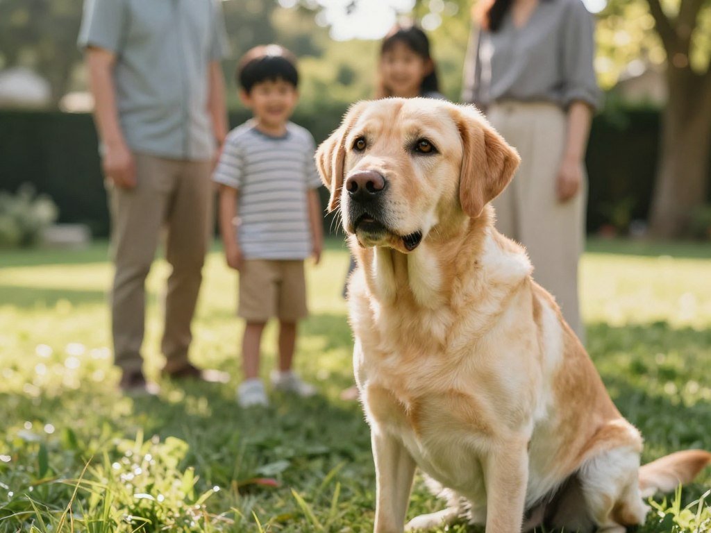 A friendly Labrador Retriever sitting on a grassy lawn, showcasing its gentle and affectionate temperament. The dog has a shiny, golden coat, with bright, expressive eyes that exude warmth and intelligence. In the foreground, the Labradorβs playful demeanor is highlighted as it leans toward a smiling child, illustrating a bond of friendship. In the middle ground, a family in modest casual clothing enjoys the outdoor setting, engaging with the dog, creating a serene family atmosphere. Soft, warm sunlight filters through the trees, casting gentle shadows, and the overall composition conveys a joyful, inviting mood. Capture this scene with a soft focus using a 50mm lens, emphasizing the connection between the dog and the family against a blurred, idyllic backyard backdrop. A friendly Labrador Retriever sitting on a grassy lawn, showcasing its gentle and affectionate temperament. The dog has a shiny, golden coat, with bright, expressive eyes that exude warmth and intelligence. In the foreground, the Labradorβs playful demeanor is highlighted as it leans toward a smiling child, illustrating a bond of friendship. In the middle ground, a family in modest casual clothing enjoys the outdoor setting, engaging with the dog, creating a serene family atmosphere. Soft, warm sunlight filters through the trees, casting gentle shadows, and the overall composition conveys a joyful, inviting mood. Capture this scene with a soft focus using a 50mm lens, emphasizing the connection between the dog and the family against a blurred, idyllic backyard backdrop.