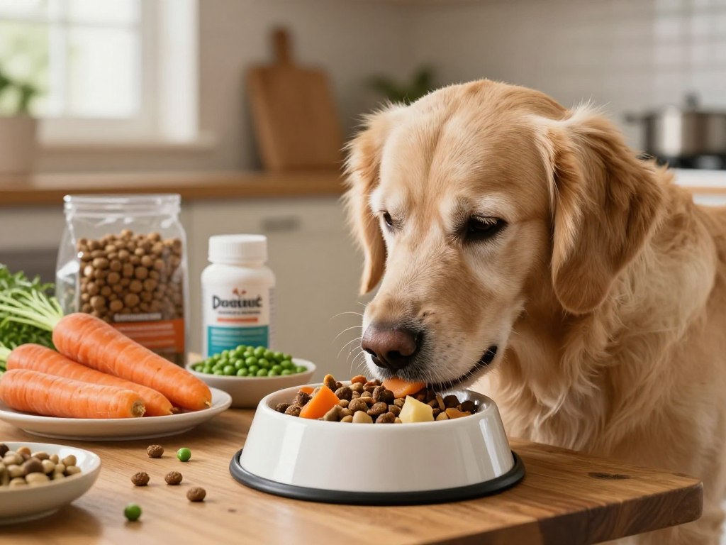 A heartwarming scene in a cozy kitchen environment, showcasing a senior dog thoughtfully eating a nutritious meal from a stylish bowl. In the foreground, the dog, a golden retriever with a dignified expression and slightly graying fur, enjoys a well-balanced diet consisting of kibble, vegetables, and supplements. In the middle, a wooden table displays a variety of high-quality dog food ingredients, including fresh carrots, peas, and nutritional supplements, hinting at optimal nutrition. The background features warm, soft lighting filtering through a window, creating a nurturing atmosphere. The scene captures the essence of caring for aging pets, radiating warmth and love, while emphasizing the importance of senior dog nutrition. A heartwarming scene in a cozy kitchen environment, showcasing a senior dog thoughtfully eating a nutritious meal from a stylish bowl. In the foreground, the dog, a golden retriever with a dignified expression and slightly graying fur, enjoys a well-balanced diet consisting of kibble, vegetables, and supplements. In the middle, a wooden table displays a variety of high-quality dog food ingredients, including fresh carrots, peas, and nutritional supplements, hinting at optimal nutrition. The background features warm, soft lighting filtering through a window, creating a nurturing atmosphere. The scene captures the essence of caring for aging pets, radiating warmth and love, while emphasizing the importance of senior dog nutrition.