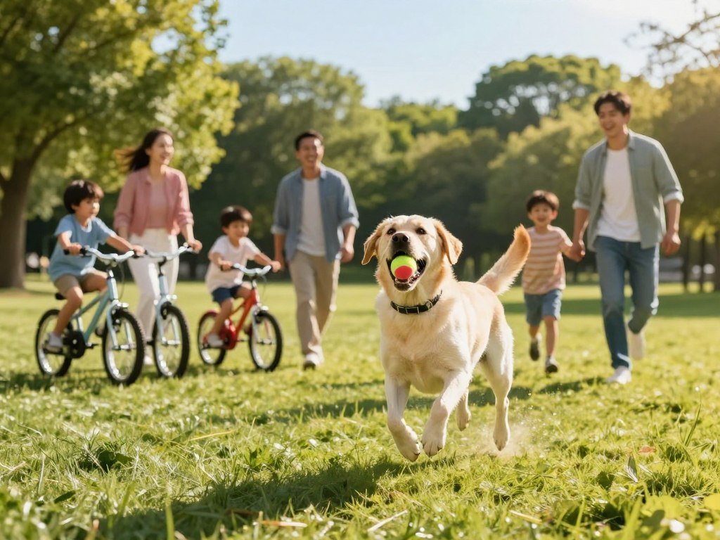 A joyful Labrador Retriever playing fetch in a sunlit park, showcasing its friendly nature. In the foreground, the dog is energetically leaping through the air, mouth open in excitement, with a colorful tennis ball in its mouth. The middle ground features a diverse family engaging in outdoor activities, dressed in casual, comfortable clothing, exemplifying an active lifestyle. Nearby, children are riding bicycles while parents run alongside, all sharing smiles and laughter. The background reveals lush green trees and a clear blue sky, creating a vibrant and inviting atmosphere. The lighting is warm and natural, casting soft shadows, capturing the essence of a sunny day. The image should evoke feelings of happiness, family bonding, and the active lifestyle facilitated by the lovable Labrador. A joyful Labrador Retriever playing fetch in a sunlit park, showcasing its friendly nature. In the foreground, the dog is energetically leaping through the air, mouth open in excitement, with a colorful tennis ball in its mouth. The middle ground features a diverse family engaging in outdoor activities, dressed in casual, comfortable clothing, exemplifying an active lifestyle. Nearby, children are riding bicycles while parents run alongside, all sharing smiles and laughter. The background reveals lush green trees and a clear blue sky, creating a vibrant and inviting atmosphere. The lighting is warm and natural, casting soft shadows, capturing the essence of a sunny day. The image should evoke feelings of happiness, family bonding, and the active lifestyle facilitated by the lovable Labrador.