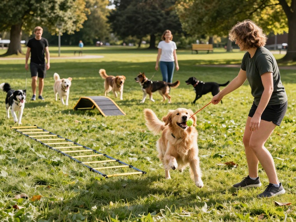 A lively outdoor scene depicting a consistent dog exercise routine. In the foreground, a person in casual athletic attire is joyfully playing fetch with a medium-sized golden retriever, showcasing the bond between them. The dog, mid-leap, has a bright ball in its mouth. In the middle ground, several exercise stations are visible, including a agility ladder and a low jump, while other dogs of various breeds participate with their owners, highlighting variety in exercise. The background features a sunny park with lush green grass and trees, enhancing the vibrant atmosphere. The lighting is warm and natural, capturing the essence of a bright day. The mood is energetic and happy, encouraging viewers to engage in active play with their dogs.