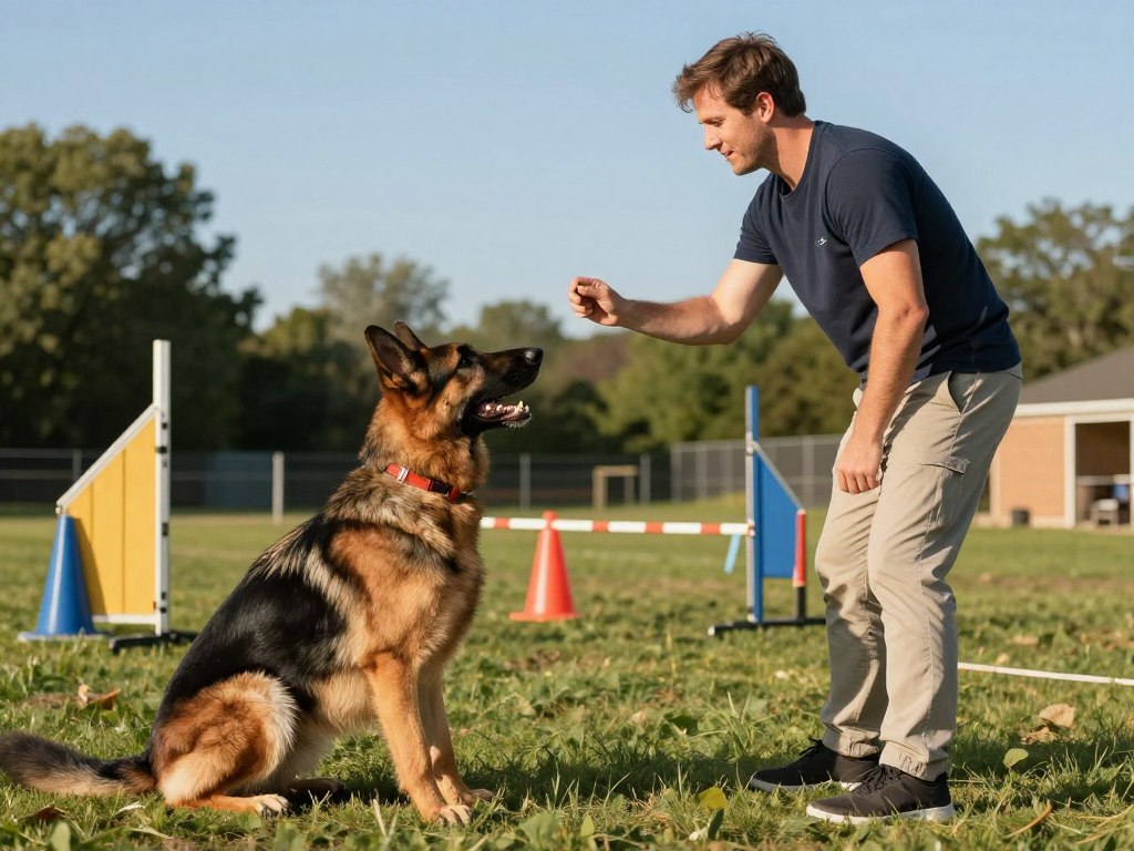 A lively training session featuring a large, intelligent dog breed, such as a Labrador or a German Shepherd, is in progress. In the foreground, a professional dog trainer, dressed in casual but neat clothing, is using positive reinforcement techniques with treats in hand, demonstrating an encouraging gesture. The dog, looking eager and focused, executes a command like "sit" or "stay." In the middle ground, an outdoor training area is depicted with equipment like cones or agility jumps, surrounded by green grass and trees. The background features a clear blue sky, bathed in warm sunlight, creating an uplifting atmosphere. The scene conveys a sense of connection, trust, and enthusiasm between the trainer and the dog, showcasing the potential and intelligence of large dog breeds.