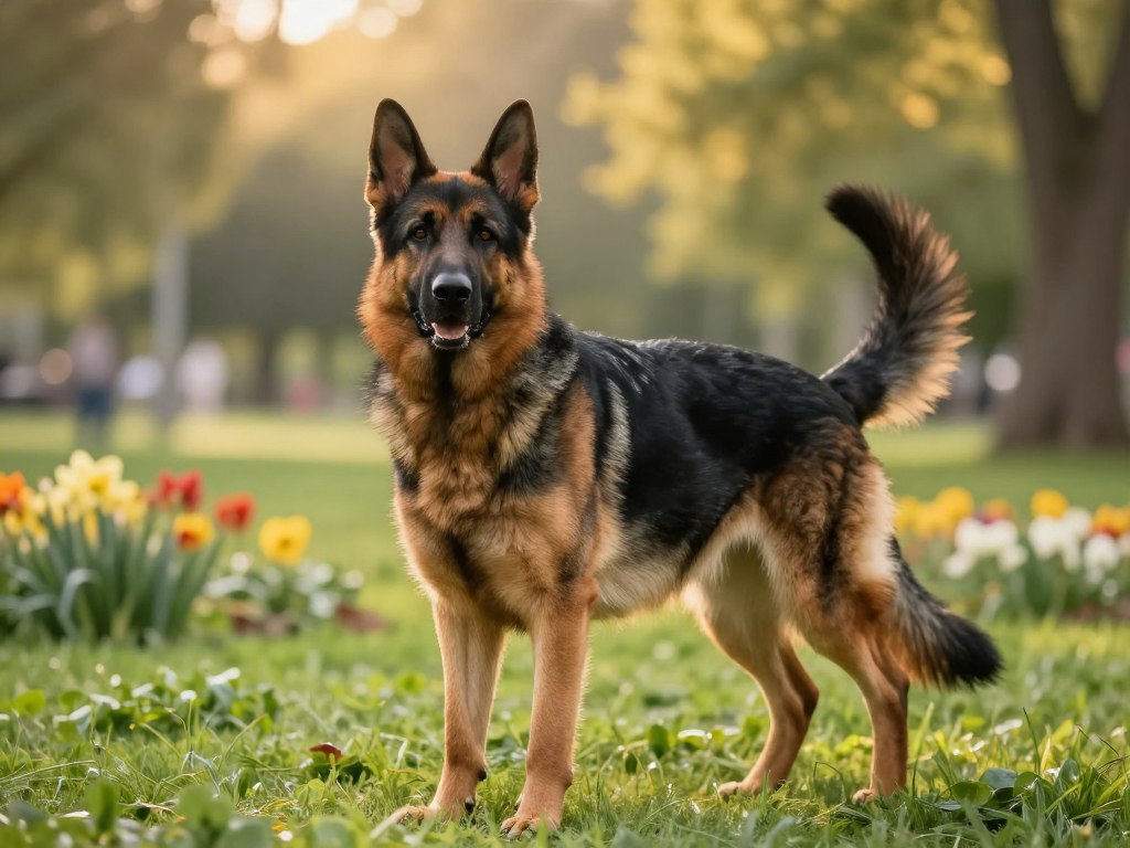A majestic German Shepherd standing alertly in a lush green park, showcasing its strong build and distinctive black and tan coat. The foreground features the dog, with its ears perked up and tail held high, embodying both confidence and loyalty. In the middle ground, the park is dotted with vibrant flowers and soft grass, creating a serene atmosphere. The background reveals softly blurred trees, bathed in warm, golden sunlight filtering through the leaves, enhancing the feeling of tranquility. Capture the essence of a dedicated guardian, reflecting the breed's intelligence and versatility. Use a slightly low angle to emphasize the dog's stature, with gentle, diffused lighting to create a calm and inviting mood.