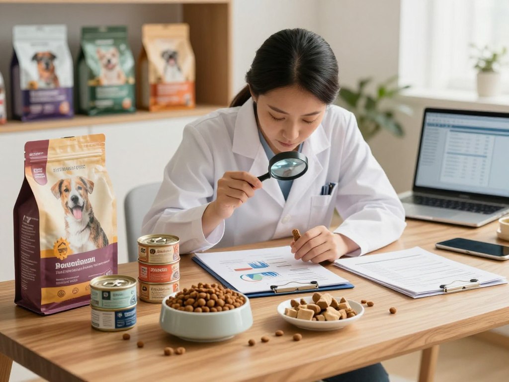 A modern pet food analysis scene focusing on premium kibble and wet food brands. In the foreground, an elegant wooden table with various high-quality dog food samples neatly arranged in chic bowls, showcasing kibble, wet food, and treats. In the middle, a professional pet nutritionist in a white lab coat examining the foods with a magnifying glass, surrounded by detailed charts and notes on pet food criteria. The background features a soft-focus display of pet food packaging and an open laptop with data analysis on the screen. Warm, natural lighting creates a welcoming atmosphere, with a shallow depth of field emphasizing the focus on the expert and the pet food. The overall mood conveys professionalism and thoroughness in evaluating pet nutrition.