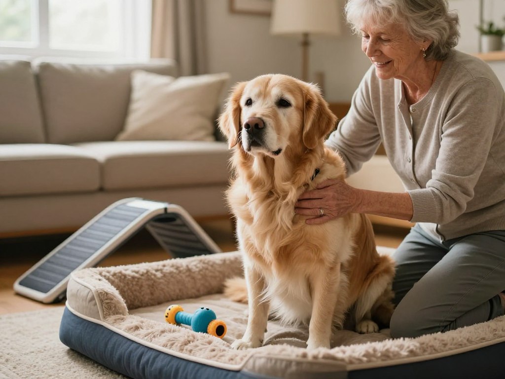 A peaceful living room scene depicting a senior dog, a Golden Retriever, with noticeable signs of arthritis, sitting on a cozy dog bed. In the foreground, the dog is being gently assisted by a caring owner, an older woman in modest casual clothing, kneeling beside the dog, providing comfort and support. The middle ground includes soft cushions and adaptive mobility aids like a padded ramp or orthopedic dog toys. The background features a warm and inviting home environment with soft lighting coming from a nearby window, casting a gentle glow over the room. This imagery conveys a mood of warmth, compassion, and the importance of managing mobility issues in aging pets. The composition is serene and uplifting, emphasizing care and support for senior dogs. A peaceful living room scene depicting a senior dog, a Golden Retriever, with noticeable signs of arthritis, sitting on a cozy dog bed. In the foreground, the dog is being gently assisted by a caring owner, an older woman in modest casual clothing, kneeling beside the dog, providing comfort and support. The middle ground includes soft cushions and adaptive mobility aids like a padded ramp or orthopedic dog toys. The background features a warm and inviting home environment with soft lighting coming from a nearby window, casting a gentle glow over the room. This imagery conveys a mood of warmth, compassion, and the importance of managing mobility issues in aging pets. The composition is serene and uplifting, emphasizing care and support for senior dogs.