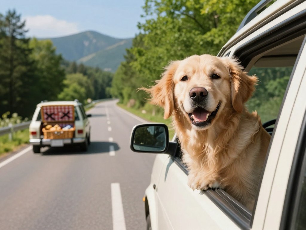 A picturesque road trip scene featuring a golden retriever with its head out of a car window, ears flapping in the wind, embodying pure joy. In the foreground, the dog’s wagging tail is visible as it leans against the car door. The background showcases a winding road surrounded by vibrant green trees and distant mountains under a clear blue sky, indicating a warm and sunny day. The middle ground includes a cozy, vintage station wagon with an open picnic basket filled with treats. Soft, natural lighting bathes the entire scene, creating a cheerful and adventurous atmosphere, perfect for conveying the excitement of traveling with dogs. Capture this image with a slight tilt to the left for a dynamic perspective.