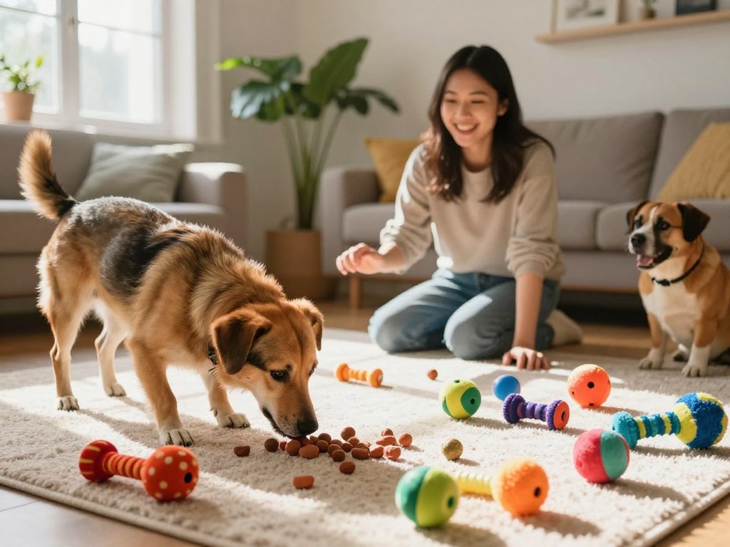A playful indoor scene showcasing a variety of mental health activities for dogs, focusing on scent work games. In the foreground, an eager, medium-sized dog with a shiny coat sniffs a scattered array of colorful toys and hidden treats on a soft rug. The middle ground features a cheerful owner, wearing modest casual clothing, engaging with the dog, encouraging it to use its nose. Sunlight streams in from a nearby window, casting warm, soft shadows that enhance the homely atmosphere. The background reveals a cozy living room with plants and dog-related paraphernalia, creating a cheerful and inviting environment. The overall mood is lively and encouraging, emphasizing the bond between dog and owner in promoting mental enrichment.