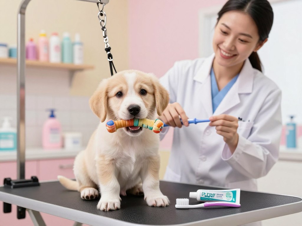 A playful puppy sitting on a comfy pet grooming table, happily chewing a colorful dental chew toy. In the foreground, the puppy's shiny coat and bright eyes convey joy and health, while a toothbrush and puppy-approved toothpaste are artfully placed beside it. The middle ground features a gentle, attentive veterinarian in a clean white lab coat, smiling as they demonstrate proper brushing techniques, showcasing their caring nature. The background is a softly lit veterinary clinic, with calming pastel colors and organized dental care supplies, creating a warm and inviting atmosphere. The scene captures a moment of bonding between pet and caregiver, emphasizing the importance of dental health and cheerfulness in puppy care.