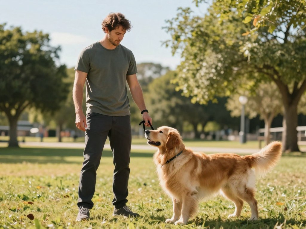 A professional dog trainer in modest casual clothing engages with a well-behaved golden retriever during a heel command exercise in a sunny outdoor park. In the foreground, the trainer stands confidently with a leash in hand, demonstrating correct posture and focus. The dog, attentive and focused on the trainer, is positioned just beside them, showcasing the 'heel' command. In the middle ground, a grassy area is visible, with a few trees and a gentle breeze stirring. The background features a clear blue sky, enhancing the bright and uplifting atmosphere of the training environment. Soft, natural lighting casts warm highlights, creating an inviting and safe feel to the scene, ideal for illustrating effective outdoor training practices. A professional dog trainer in modest casual clothing engages with a well-behaved golden retriever during a heel command exercise in a sunny outdoor park. In the foreground, the trainer stands confidently with a leash in hand, demonstrating correct posture and focus. The dog, attentive and focused on the trainer, is positioned just beside them, showcasing the 'heel' command. In the middle ground, a grassy area is visible, with a few trees and a gentle breeze stirring. The background features a clear blue sky, enhancing the bright and uplifting atmosphere of the training environment. Soft, natural lighting casts warm highlights, creating an inviting and safe feel to the scene, ideal for illustrating effective outdoor training practices.