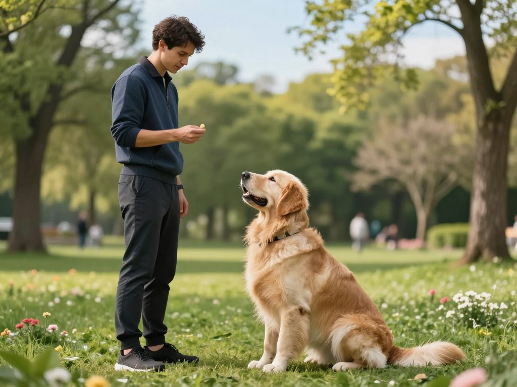 A professional dog trainer is in a serene outdoor setting, demonstrating the "stay" command with a well-groomed golden retriever. In the foreground, the trainer, dressed in a smart casual outfit, stands confidently with a treat in hand, emphasizing positive reinforcement. The dog, sitting attentively, showcases perfect posture, with its gaze fixed on the trainer. In the middle ground, a lush green park with soft grass and scattered blooming flowers provides a calm and inviting training environment. The background features gently swaying trees under a clear blue sky, with warm sunlight filtering through the leaves, creating a serene and uplifting atmosphere. The overall mood is one of focused concentration and success, capturing the essence of advanced dog training techniques. A professional dog trainer is in a serene outdoor setting, demonstrating the "stay" command with a well-groomed golden retriever. In the foreground, the trainer, dressed in a smart casual outfit, stands confidently with a treat in hand, emphasizing positive reinforcement. The dog, sitting attentively, showcases perfect posture, with its gaze fixed on the trainer. In the middle ground, a lush green park with soft grass and scattered blooming flowers provides a calm and inviting training environment. The background features gently swaying trees under a clear blue sky, with warm sunlight filtering through the leaves, creating a serene and uplifting atmosphere. The overall mood is one of focused concentration and success, capturing the essence of advanced dog training techniques.