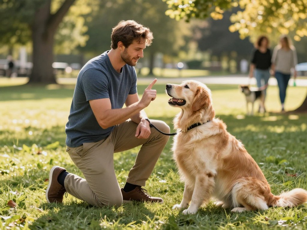 A professional dog trainer, wearing casual but tidy attire, kneels on a grassy field, demonstrating basic obedience commands to a lively, attentive golden retriever. The dog sits with its tail wagging, focused on the trainer's hand signal. In the background, a sunny park setting features trees and a few distant dog owners walking their pets on leashes. Soft, natural lighting filters through the leaves, creating a warm and inviting atmosphere. The composition highlights the connection between the trainer and the dog, emphasizing the concepts of "Sit, Stay, Come, Heel, and Leash walking." The angle captures both the trainer and dog in close-up, showcasing their engagement in training while the background remains slightly blurred to maintain focus on the obedience training scene. A professional dog trainer, wearing casual but tidy attire, kneels on a grassy field, demonstrating basic obedience commands to a lively, attentive golden retriever. The dog sits with its tail wagging, focused on the trainer's hand signal. In the background, a sunny park setting features trees and a few distant dog owners walking their pets on leashes. Soft, natural lighting filters through the leaves, creating a warm and inviting atmosphere. The composition highlights the connection between the trainer and the dog, emphasizing the concepts of "Sit, Stay, Come, Heel, and Leash walking." The angle captures both the trainer and dog in close-up, showcasing their engagement in training while the background remains slightly blurred to maintain focus on the obedience training scene.