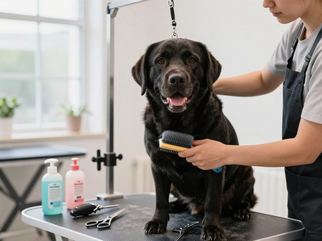 A scene depicting a professional groomer caring for a large dog breed, specifically a Labrador Retriever. In the foreground, the groomer, wearing a professional outfit, is gently brushing the dog with a soft grooming brush, showcasing the dog's shiny fur and friendly expression. The middle ground features grooming tools like scissors, clippers, and shampoo bottles neatly arranged on a table. In the background, a bright, airy grooming salon with large windows allows natural light to stream in, illuminating the space and giving a clean, welcoming atmosphere. The mood is calm and peaceful, emphasizing a positive grooming experience for both the dog and the groomer. The focus is on the grooming process, highlighting the care involved in maintaining large breeds.