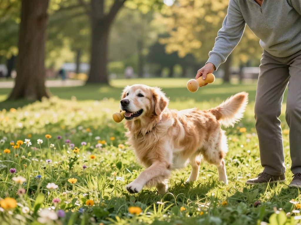 A senior dog, a golden retriever with graying fur, is playfully engaging in a gentle exercise session in a sunny park. In the foreground, the dog is shown in mid-movement, chasing a soft, squeaky toy held by an elderly person in modest casual attire. The middle ground features lush green grass and colorful wildflowers, emphasizing a vibrant, fresh environment conducive to exercise. In the background, tall trees cast gentle shadows, providing a sense of tranquility. The lighting is warm and inviting, suggesting a late afternoon with soft sunlight filtering through the leaves. The mood is uplifting and heartwarming, capturing the bond between the senior dog and its owner, perfect for illustrating senior dog exercise tailored to aging pets. A senior dog, a golden retriever with graying fur, is playfully engaging in a gentle exercise session in a sunny park. In the foreground, the dog is shown in mid-movement, chasing a soft, squeaky toy held by an elderly person in modest casual attire. The middle ground features lush green grass and colorful wildflowers, emphasizing a vibrant, fresh environment conducive to exercise. In the background, tall trees cast gentle shadows, providing a sense of tranquility. The lighting is warm and inviting, suggesting a late afternoon with soft sunlight filtering through the leaves. The mood is uplifting and heartwarming, capturing the bond between the senior dog and its owner, perfect for illustrating senior dog exercise tailored to aging pets.