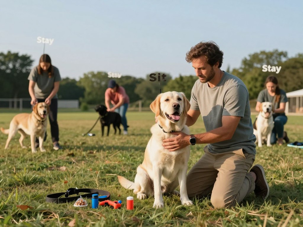 A serene outdoor dog training setting, featuring a professional dog trainer in casual, modest clothing, kneeling down on a grassy field with a friendly Labrador Retriever. The trainer is demonstrating the "Sit" command, with clear body language and a calm expression. In the foreground, a variety of training tools are neatly arranged, such as a leash, treats, and a clicker. In the middle ground, other dogs and trainers can be seen practicing commands like "Stay" and "Come" against a backdrop of trees and a clear blue sky. Soft, natural sunlight enhances the warm atmosphere, creating a positive and focused training environment. The composition should have an inviting and educational mood, encouraging viewers to engage with dog training techniques. A serene outdoor dog training setting, featuring a professional dog trainer in casual, modest clothing, kneeling down on a grassy field with a friendly Labrador Retriever. The trainer is demonstrating the "Sit" command, with clear body language and a calm expression. In the foreground, a variety of training tools are neatly arranged, such as a leash, treats, and a clicker. In the middle ground, other dogs and trainers can be seen practicing commands like "Stay" and "Come" against a backdrop of trees and a clear blue sky. Soft, natural sunlight enhances the warm atmosphere, creating a positive and focused training environment. The composition should have an inviting and educational mood, encouraging viewers to engage with dog training techniques.