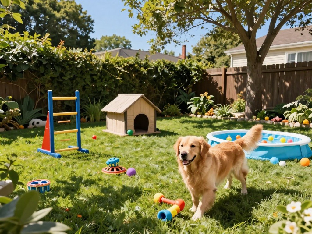 A serene outdoor scene featuring a vibrant backyard designed for canine behavioral enrichment. In the foreground, a cheerful dog of medium size—perhaps a Golden Retriever—joyfully engaging with various interactive toys like a puzzle feeder and a colorful chew toy. In the middle ground, a cozy dog house surrounded by playful elements such as agility equipment and a small kiddie pool filled with balls. The background showcases a lush garden with a bright blue sky, sunlight filtering through tree branches, creating dappled shadows and a warm atmosphere. The composition captures the essence of a well-structured daily routine aimed at enhancing a dog’s mental well-being, evoking feelings of happiness and tranquility. The angle is slightly elevated, providing a clear view of the playful environment.